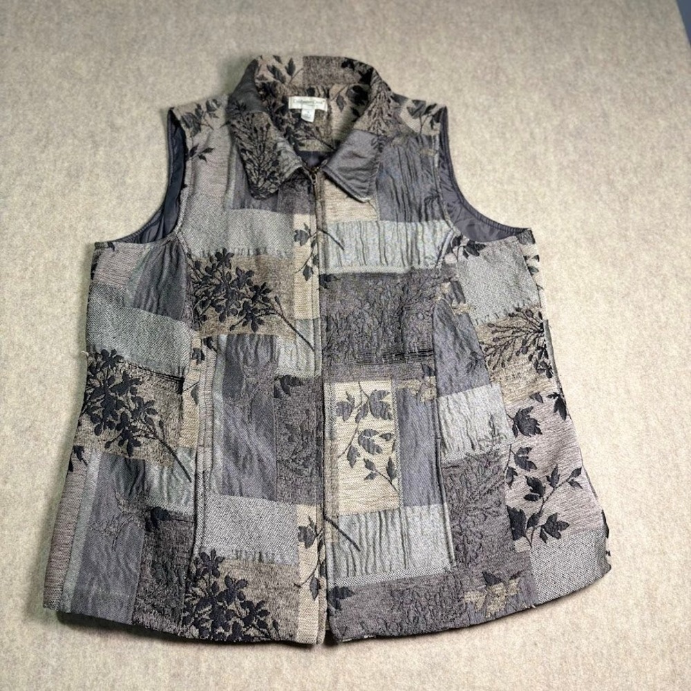 Coldwater Creek Vest Wmns 1X Grey Patchwork Faux Fur Collar Detachable Boho Zip
